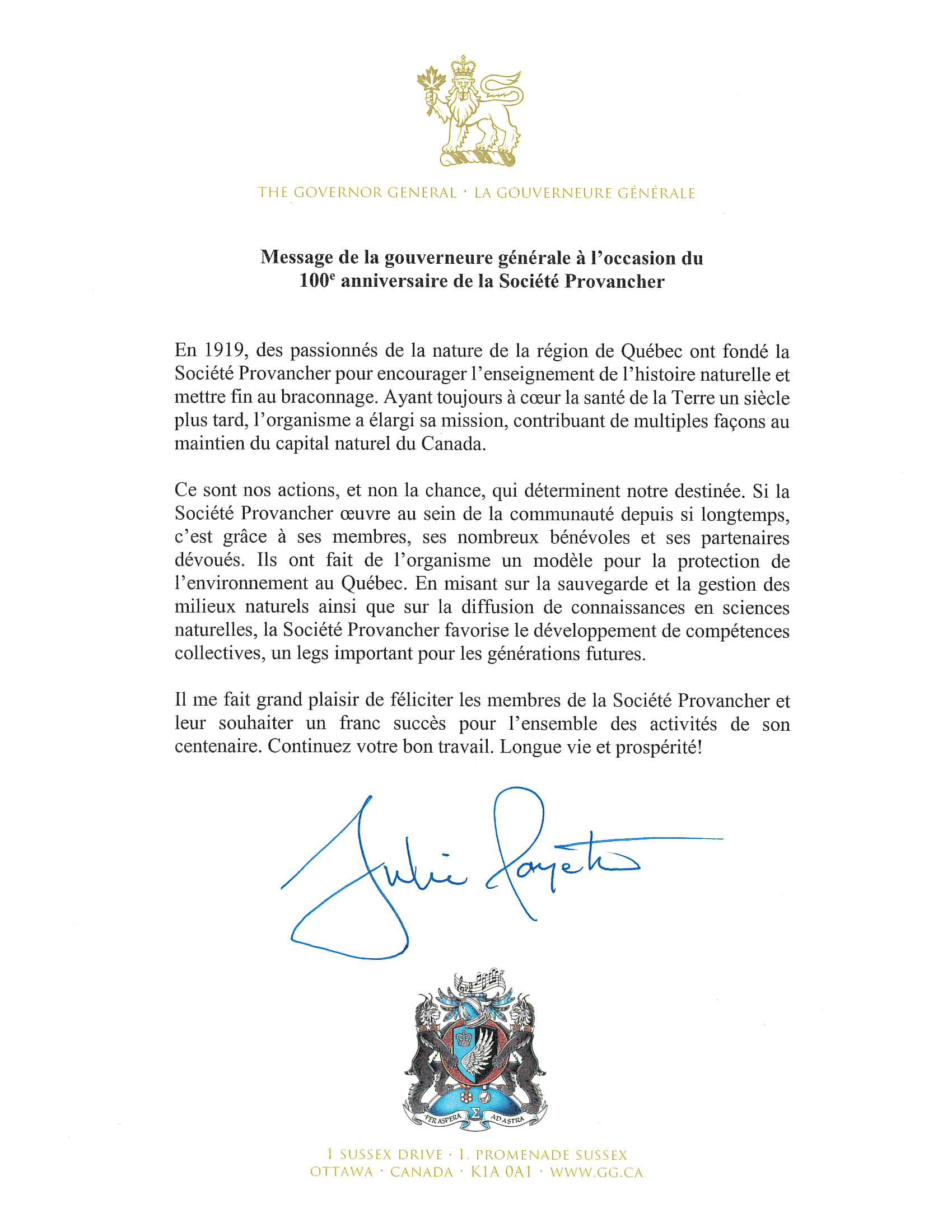 Message de Son Excellence la très honorable Julie Payette, gouverneure générale et commandante en chef du Canada.