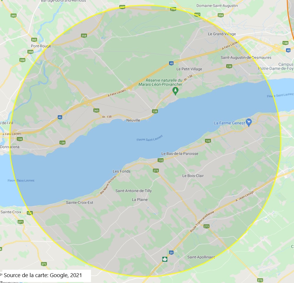 En forme de cercle de 10 km de diamètre, la zone de recensement des oiseaux de Noël Neuville-Tilly est divisée en deux parties par le fleuve Saint-Laurent.